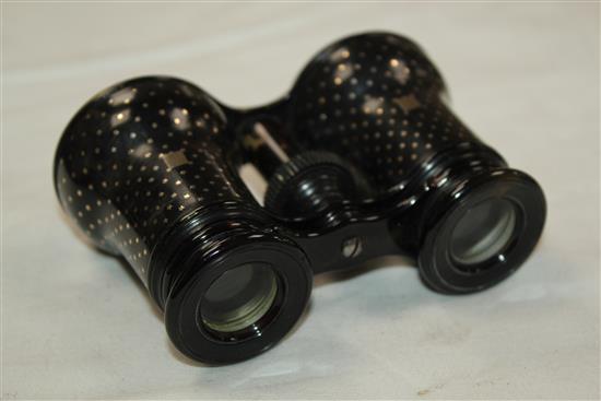 A pair of Victorian tortoiseshell pique opera glasses, case 5in.